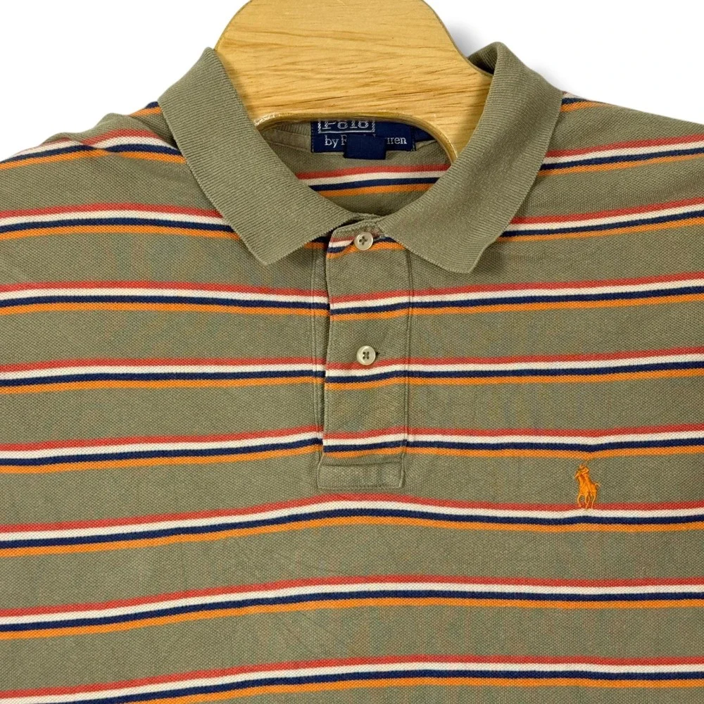 Vintage Polo Ralph Lauren Polo Shirt Men XL Tan Striped Fade Pique Cotton Pony‎
